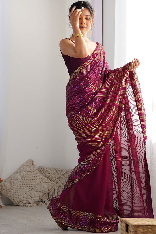 Cosima Wine Sequin Georgette Ready to Wear One Minute Saree