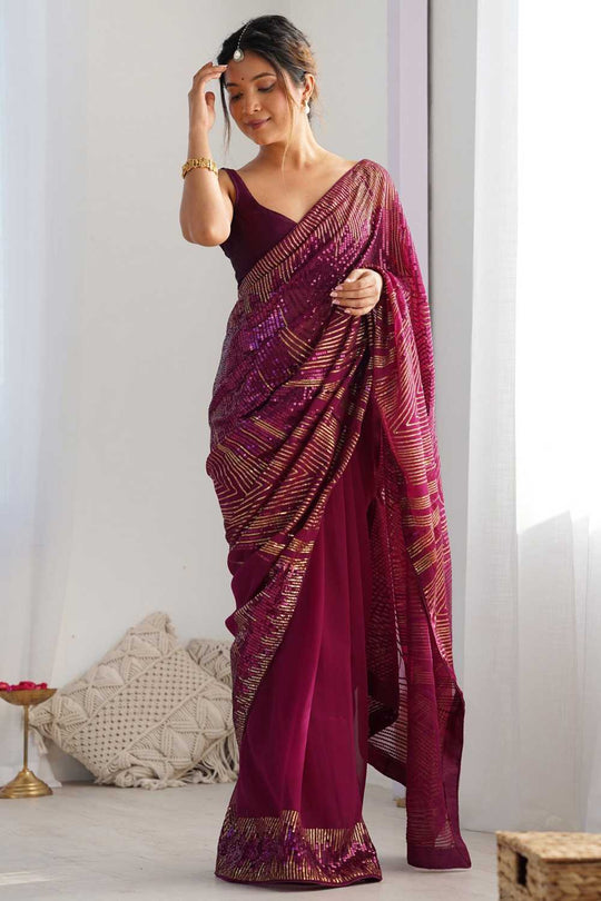 Cosima Wine Sequin Georgette Ready to Wear One Minute Saree