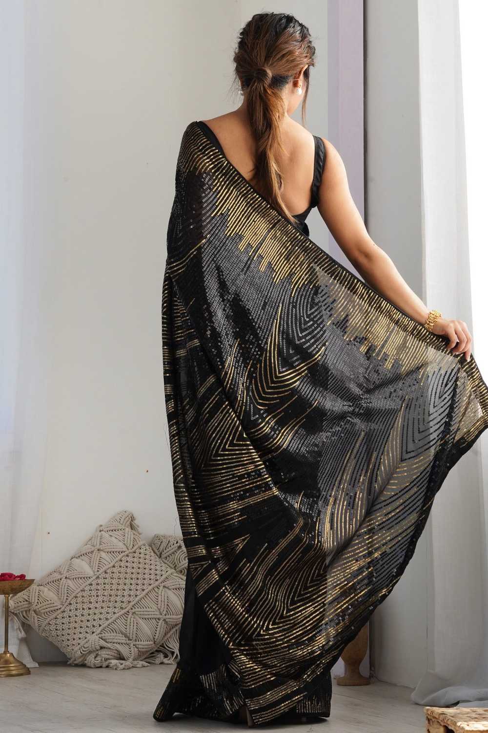 Lilia Black Sequin Georgette Ready to Wear One Minute Saree