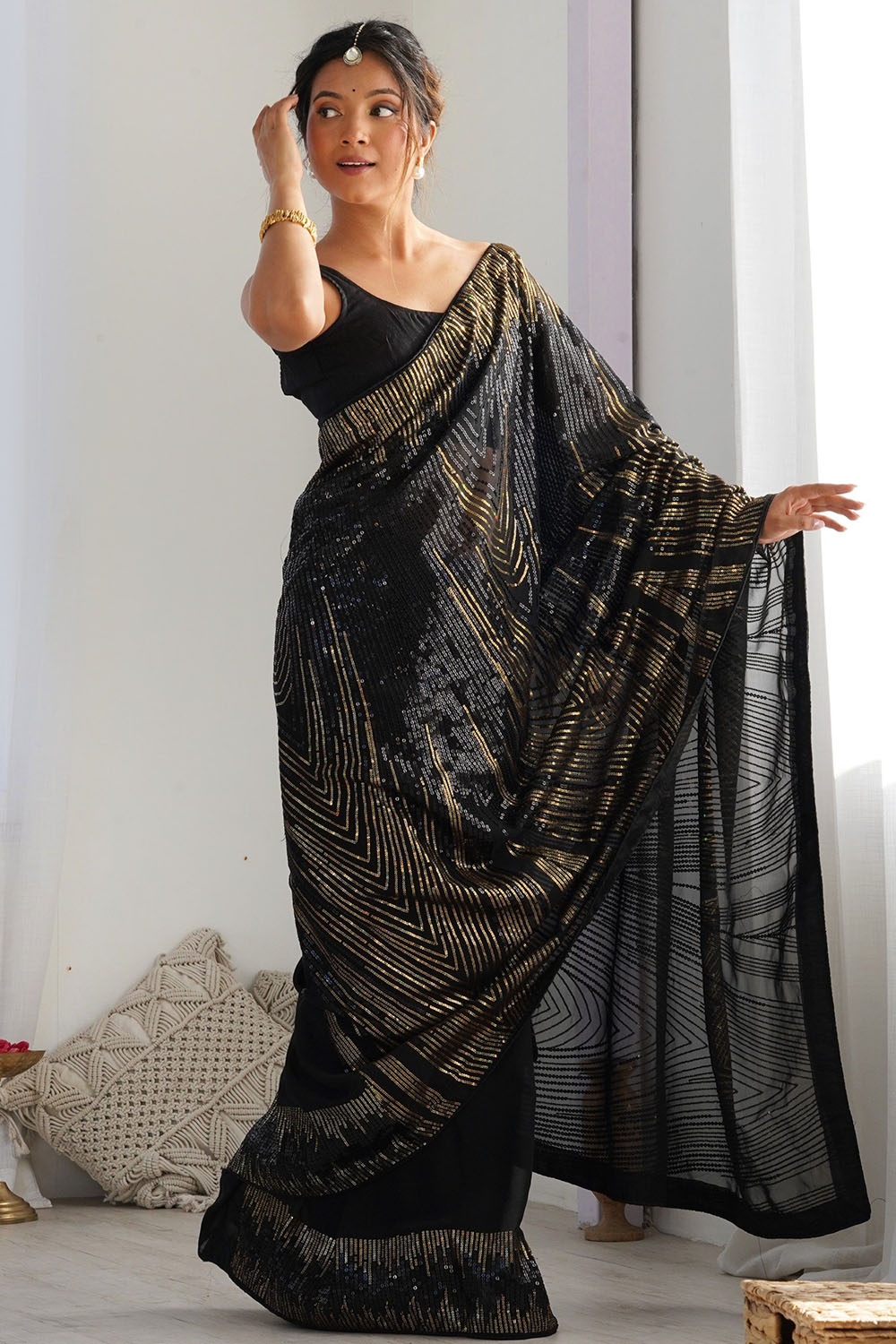 Lilia Black Sequin Georgette Ready to Wear One Minute Saree