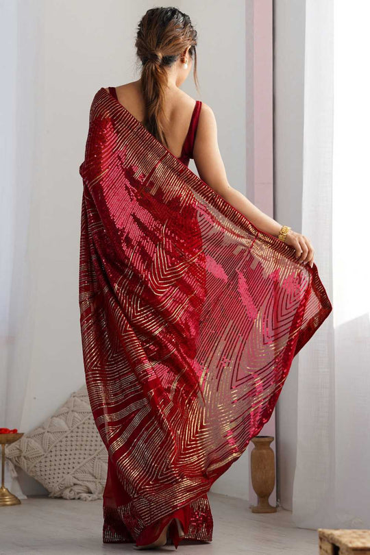 Larissa Red Sequin Georgette Ready to Wear One Minute Saree