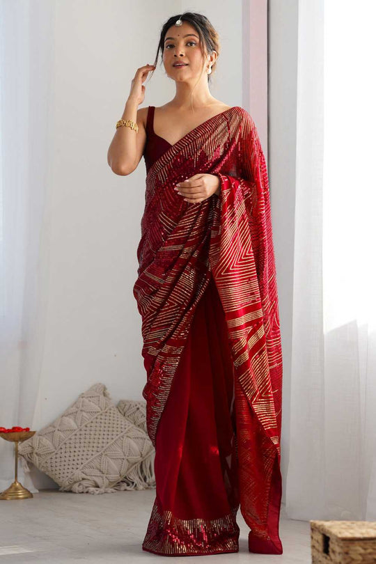 Larissa Red Sequin Georgette Ready to Wear One Minute Saree
