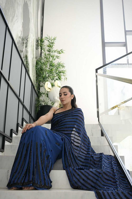 Everly Blue Designer Embroidered Georgette Saree Ready to Wear One Minute Saree