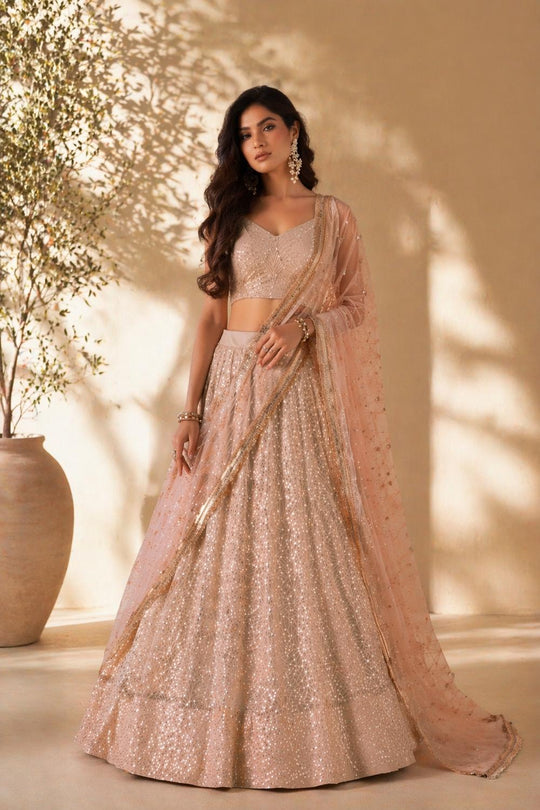 Priyanka Peach Net Thread &amp; Sequins Embroidered Lehenga Saree