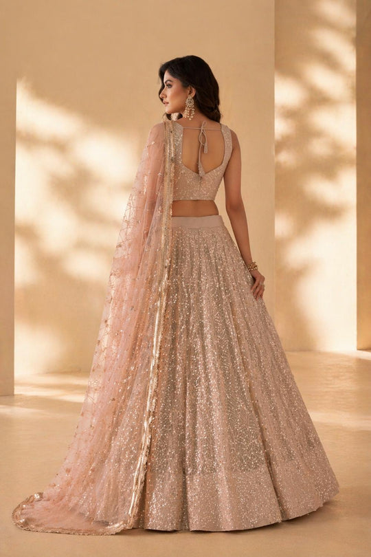 Priyanka Peach Net Thread &amp; Sequins Embroidered Lehenga Saree