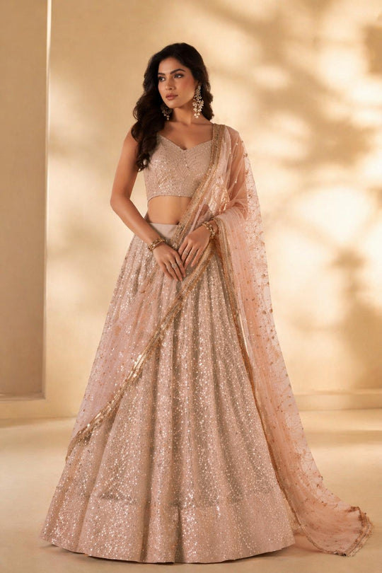 Priyanka Peach Net Thread &amp; Sequins Embroidered Lehenga Saree