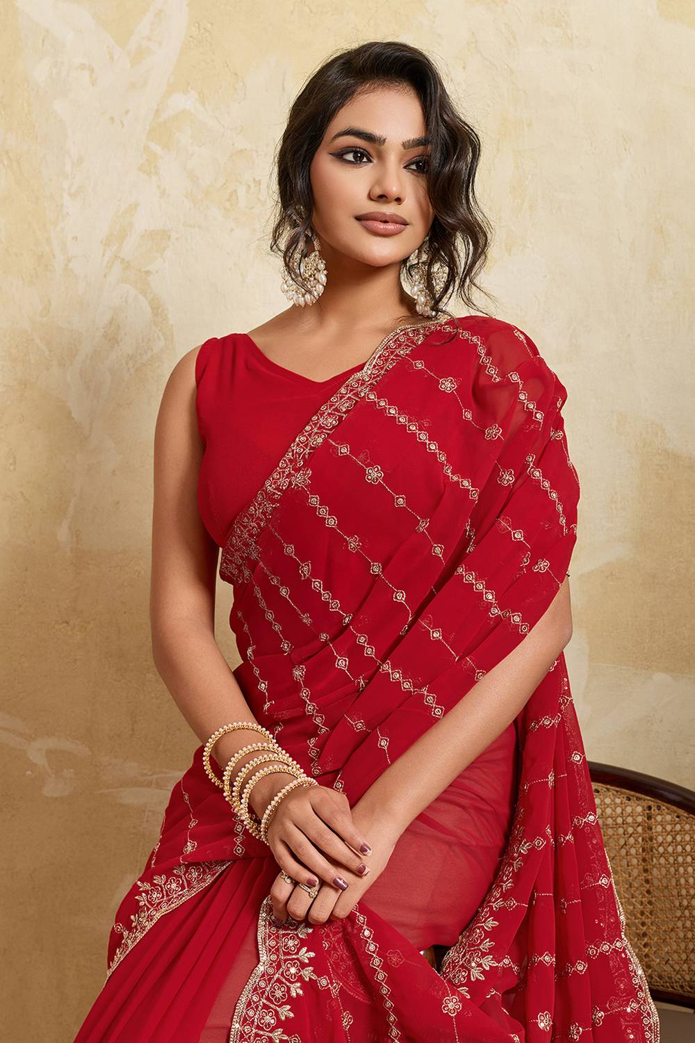 Nora Red Georgette Sequins Embroidered Designer Border Ready to Wear Saree