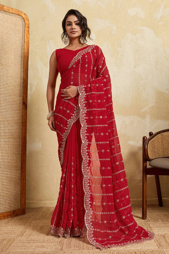 Nora Red Georgette Sequins Embroidered Designer Border Ready to Wear Saree