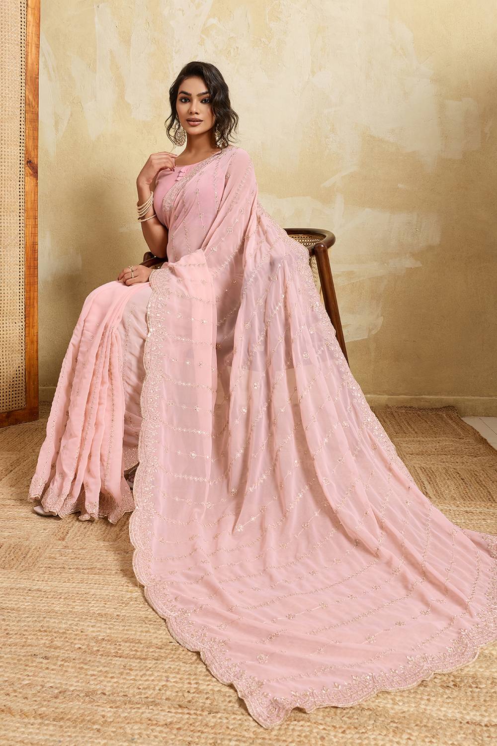 Nora Soft Pink Georgette Sequins Embroidered Designer Border Ready to Wear Saree