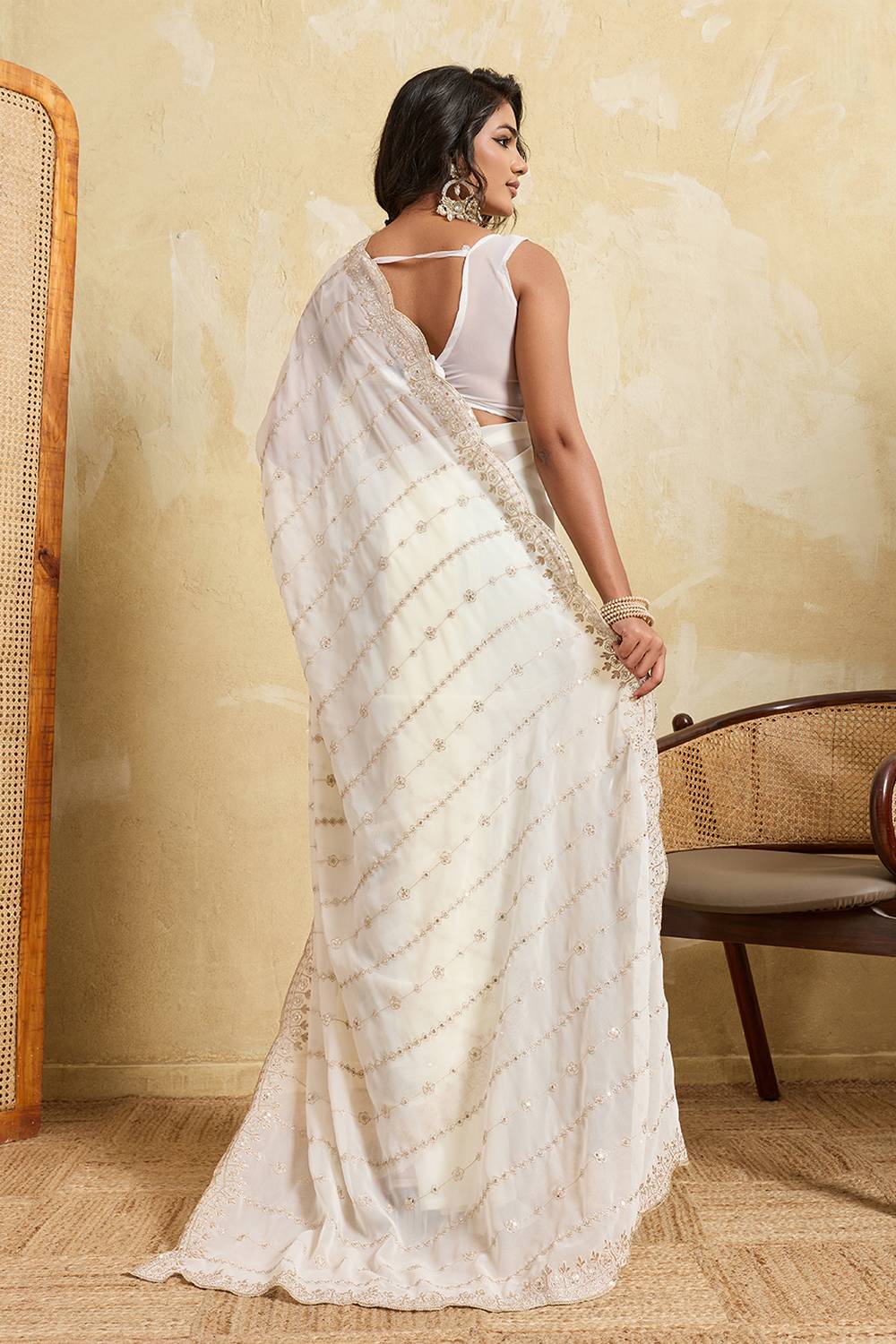 Nora White Georgette Sequins Embroidered Designer Border Ready to Wear Saree