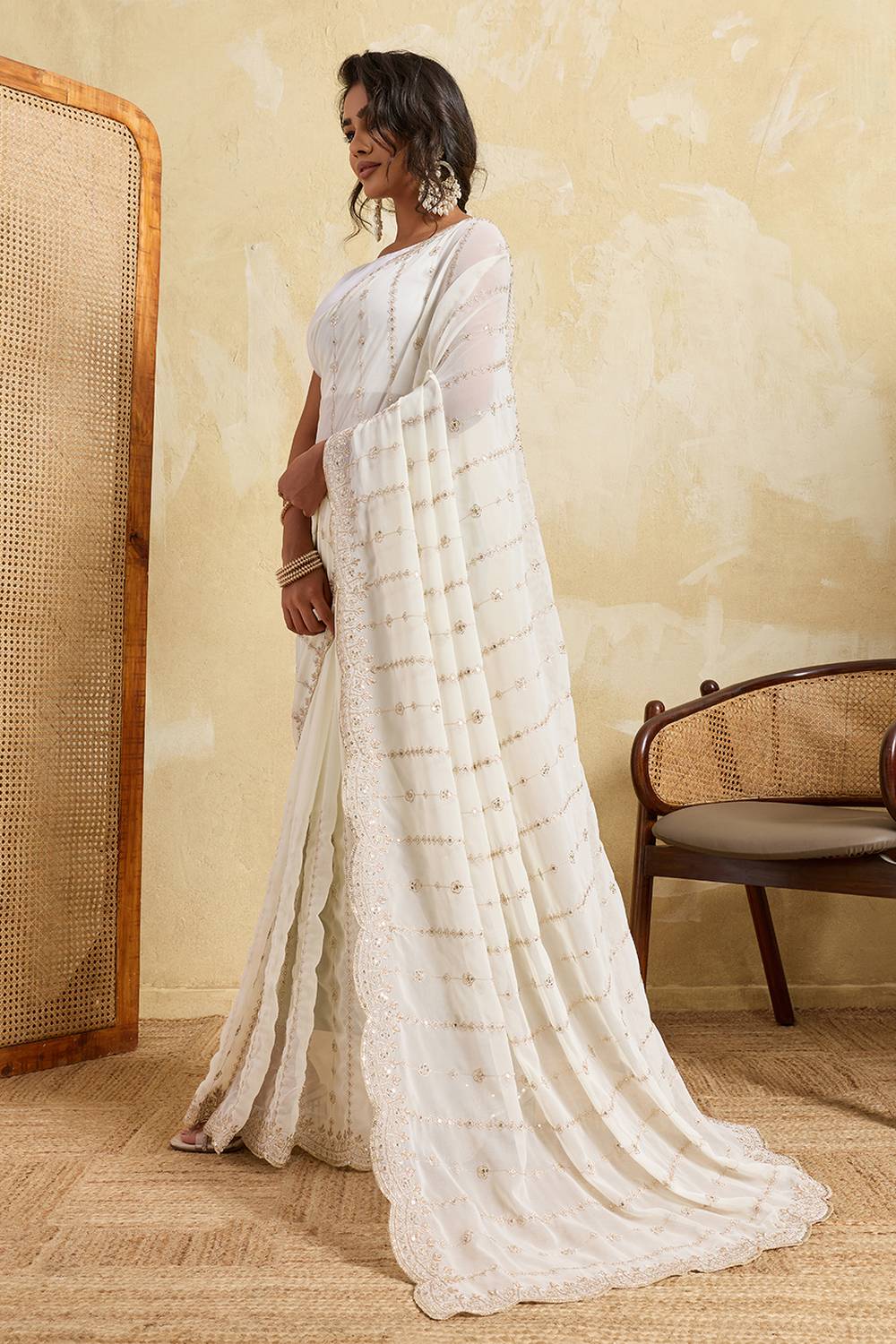 Nora White Georgette Sequins Embroidered Designer Border Ready to Wear Saree