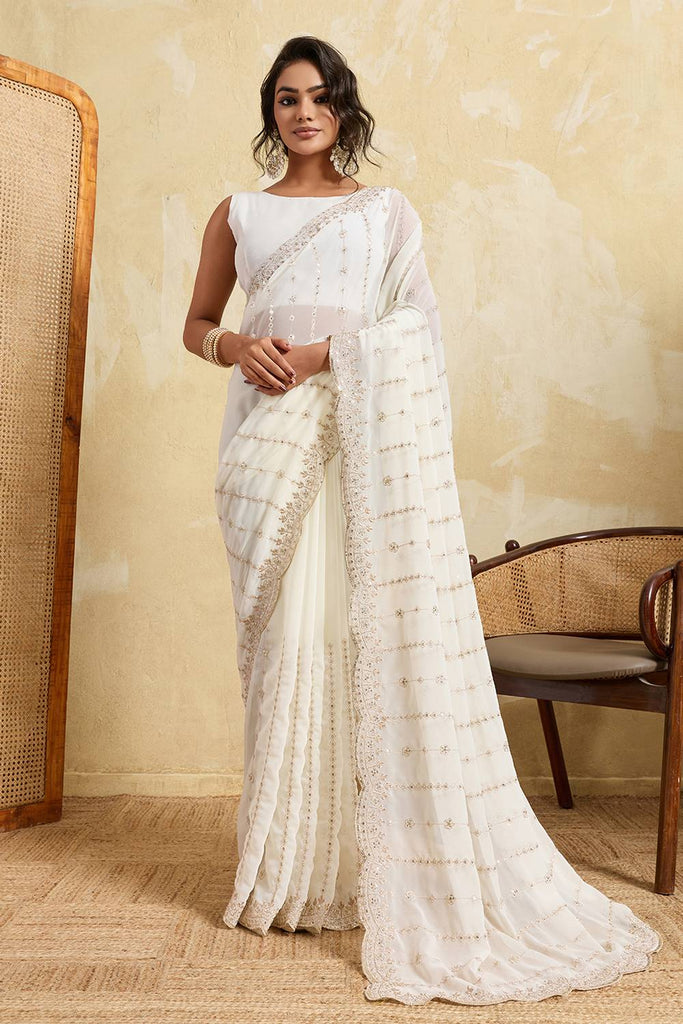 Nora Cream Georgette Sequins Embroidered Designer Border Ready to Wear Saree