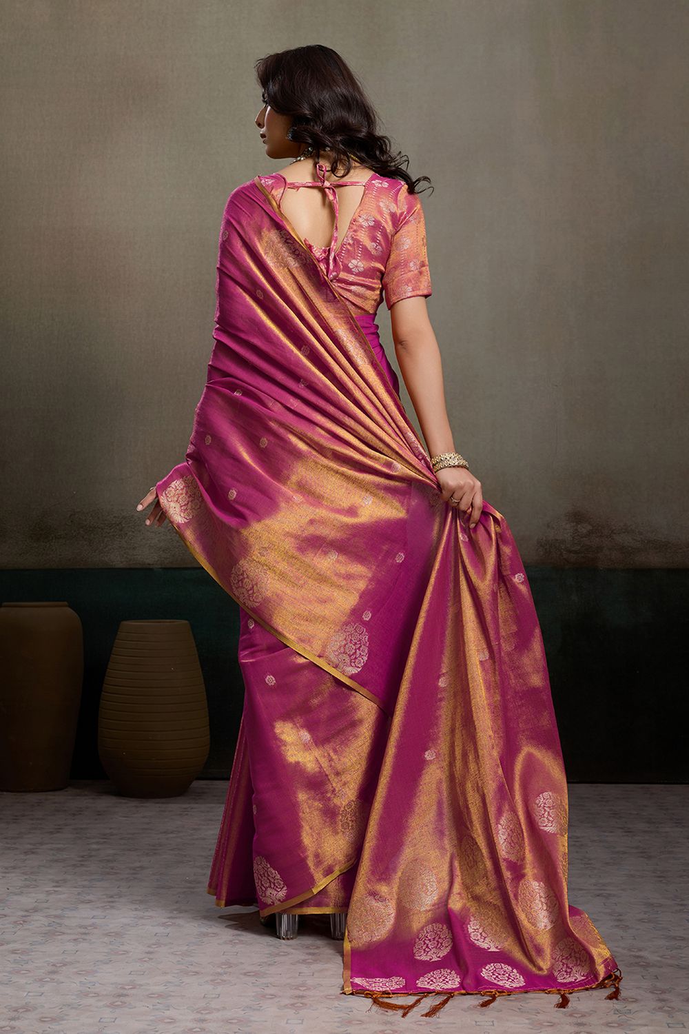 Mirabella Magenta Tissue Silk Woven Ready to Wear One Minute Saree