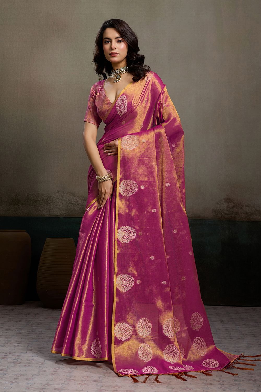 Magenta Tissue Silk Woven Ready to Wear One Minute Saree