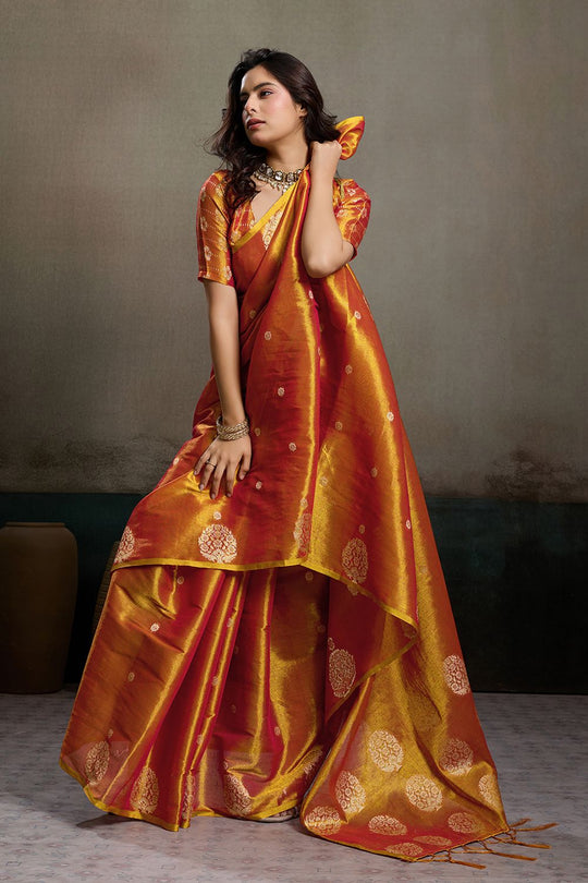 Mirabella Orange Tissue Silk Woven Ready to Wear One Minute Saree