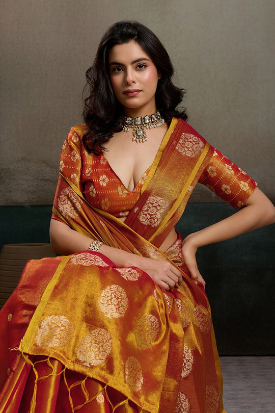 Mirabella Orange Tissue Silk Woven Ready to Wear One Minute Saree