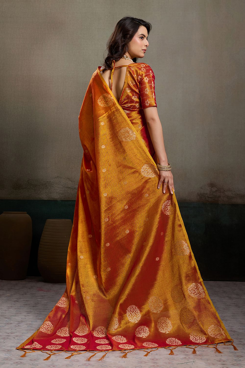 Mirabella Orange Tissue Silk Woven Ready to Wear One Minute Saree
