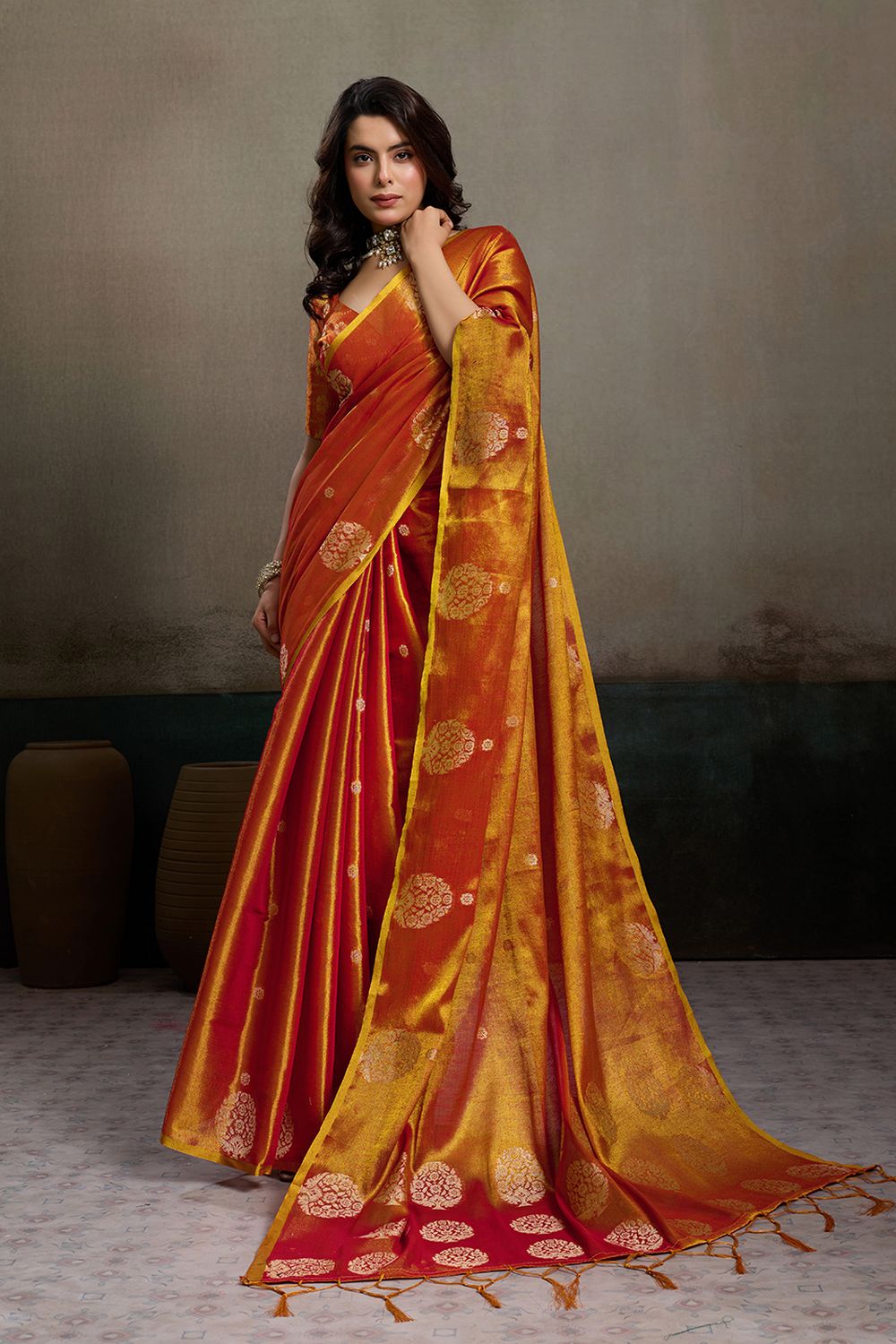 Mirabella Orange Tissue Silk Woven Ready to Wear One Minute Saree