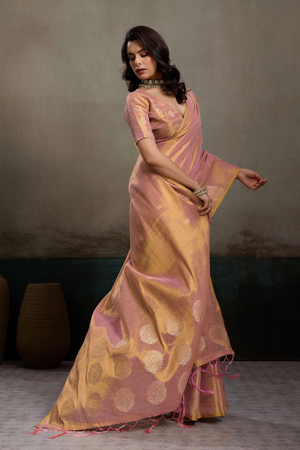 Mirabella Pink Tissue Silk Woven Ready to Wear One Minute Saree