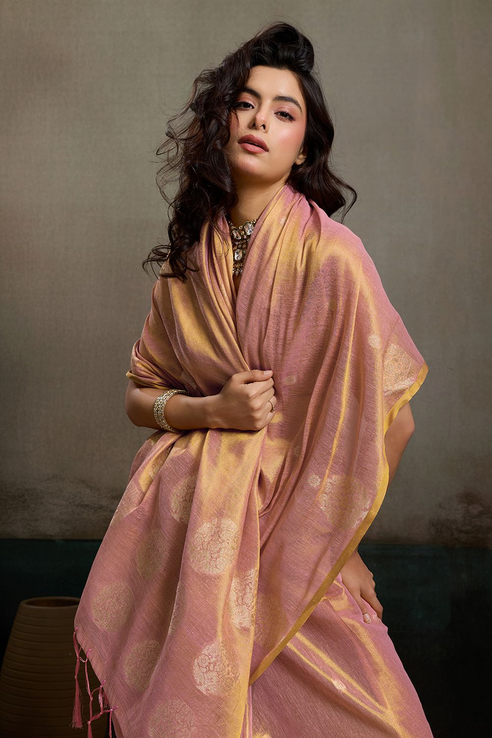 Mirabella Pink Tissue Silk Woven Ready to Wear One Minute Saree