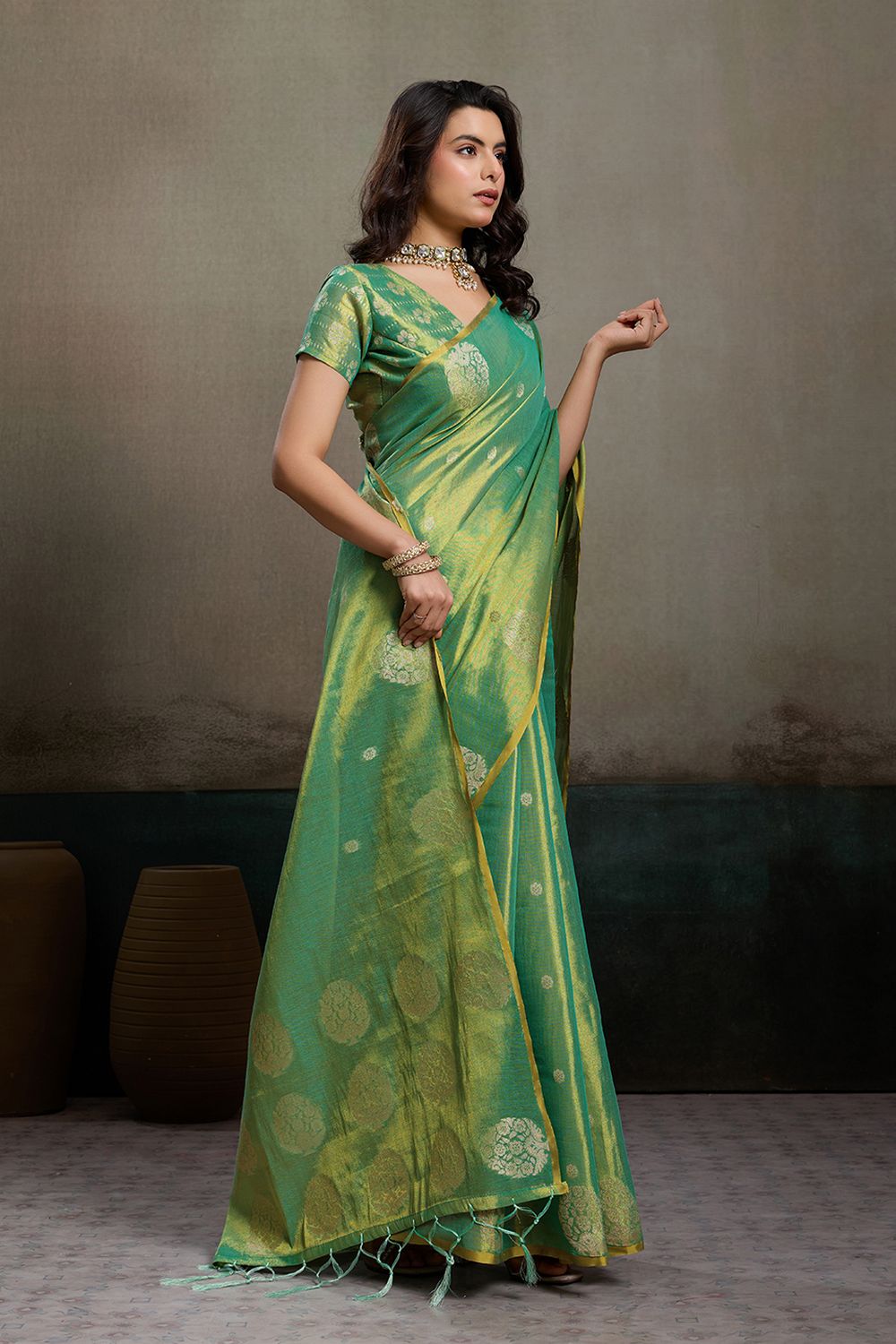 Mirabella Green Tissue Silk Woven Ready to Wear One Minute Saree