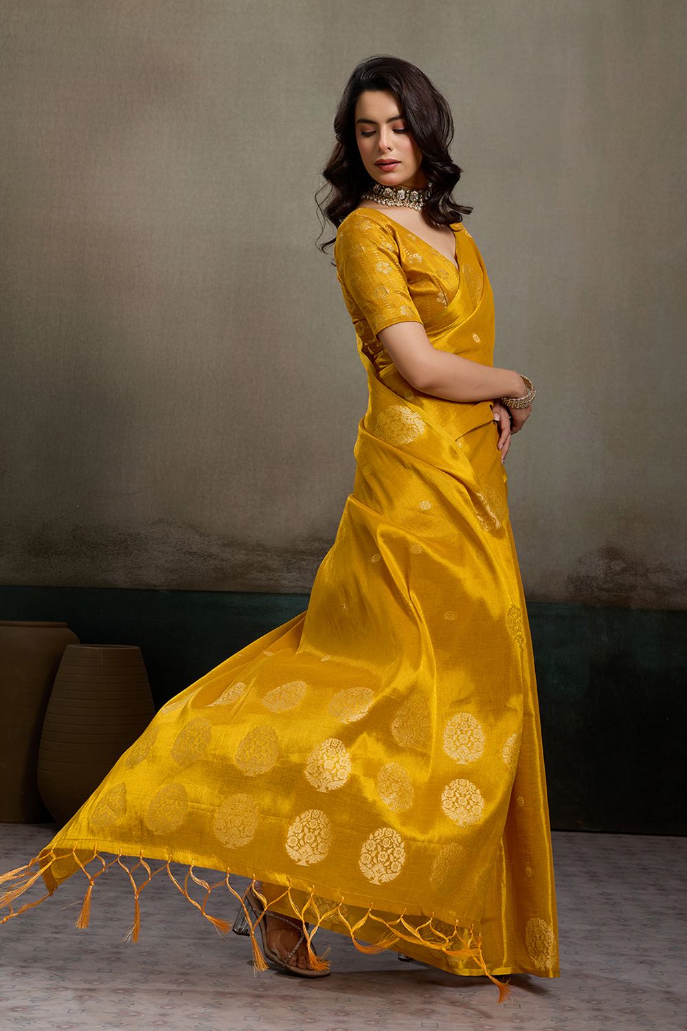 Mirabella Mustard Yellow Tissue Silk Woven Ready to Wear One Minute Saree