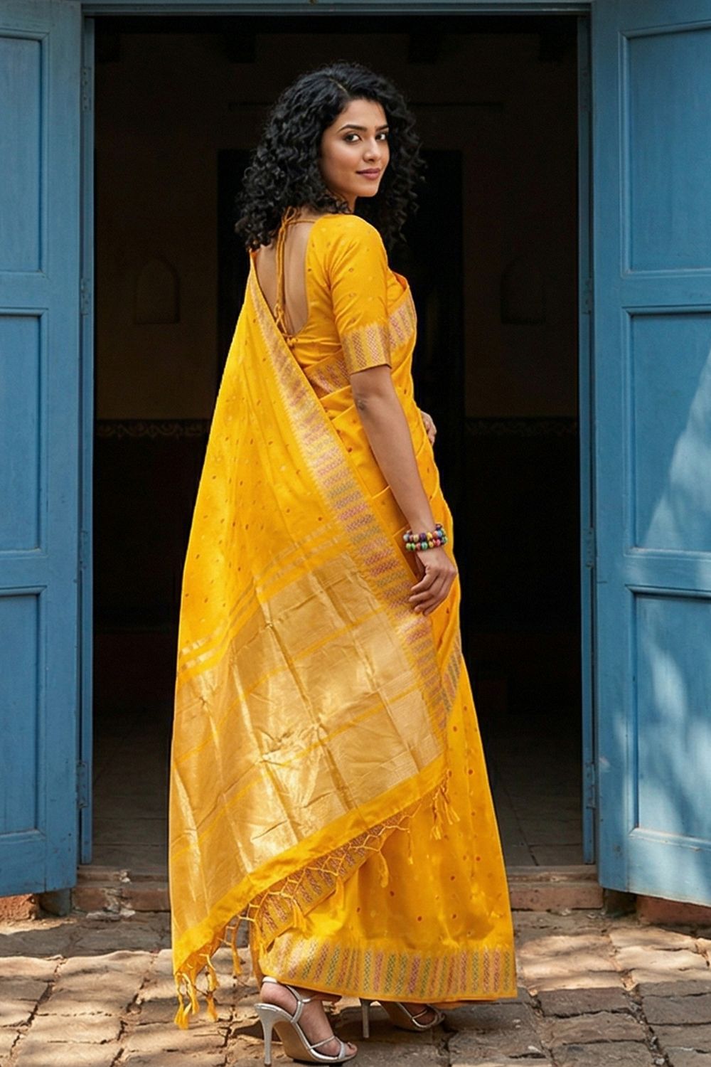 Maya Yellow Silk Blend Woven Ready to Wear One Minute Saree