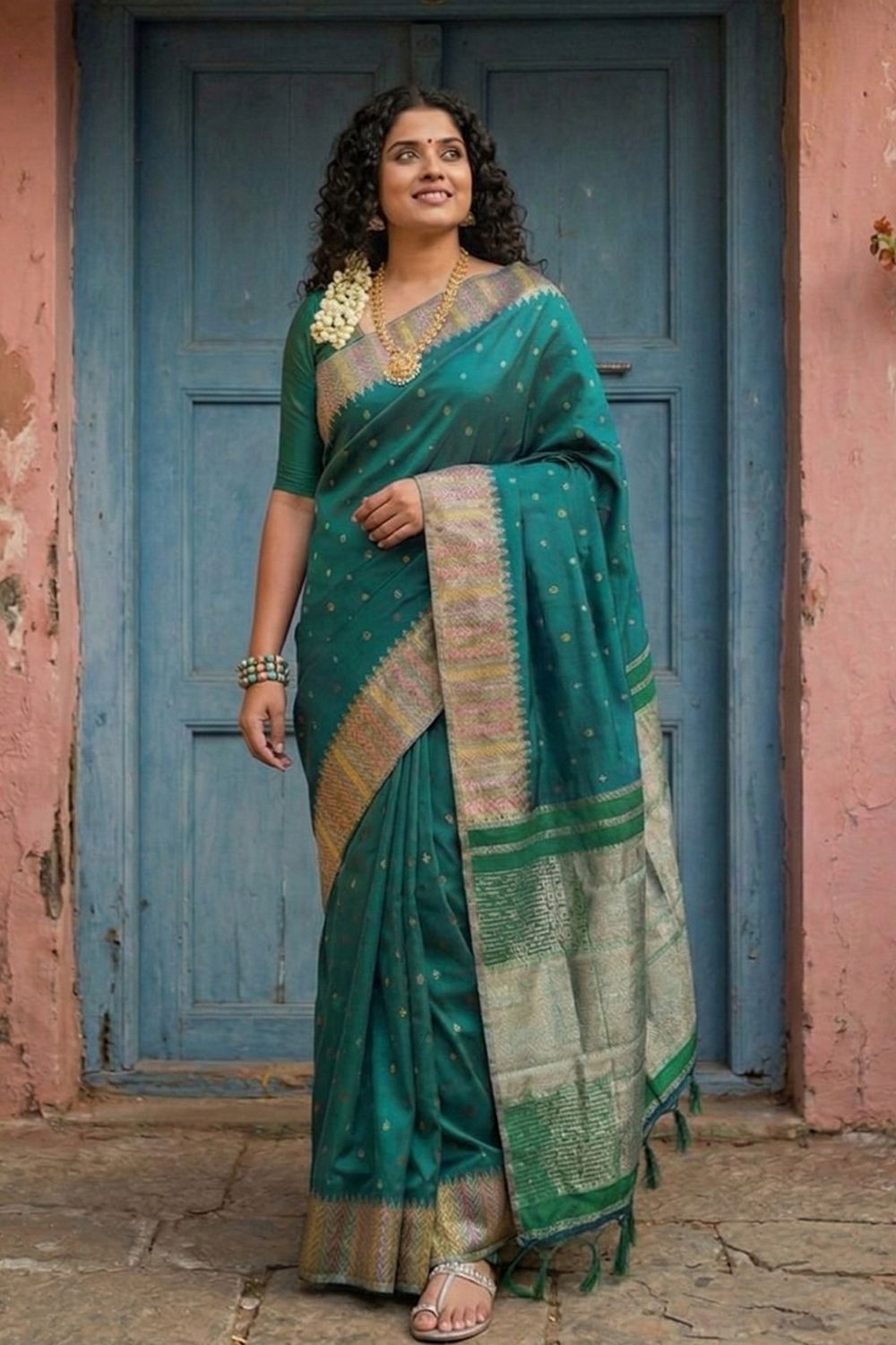 Maya Teal Green Silk Blend Woven Ready to Wear One Minute Saree