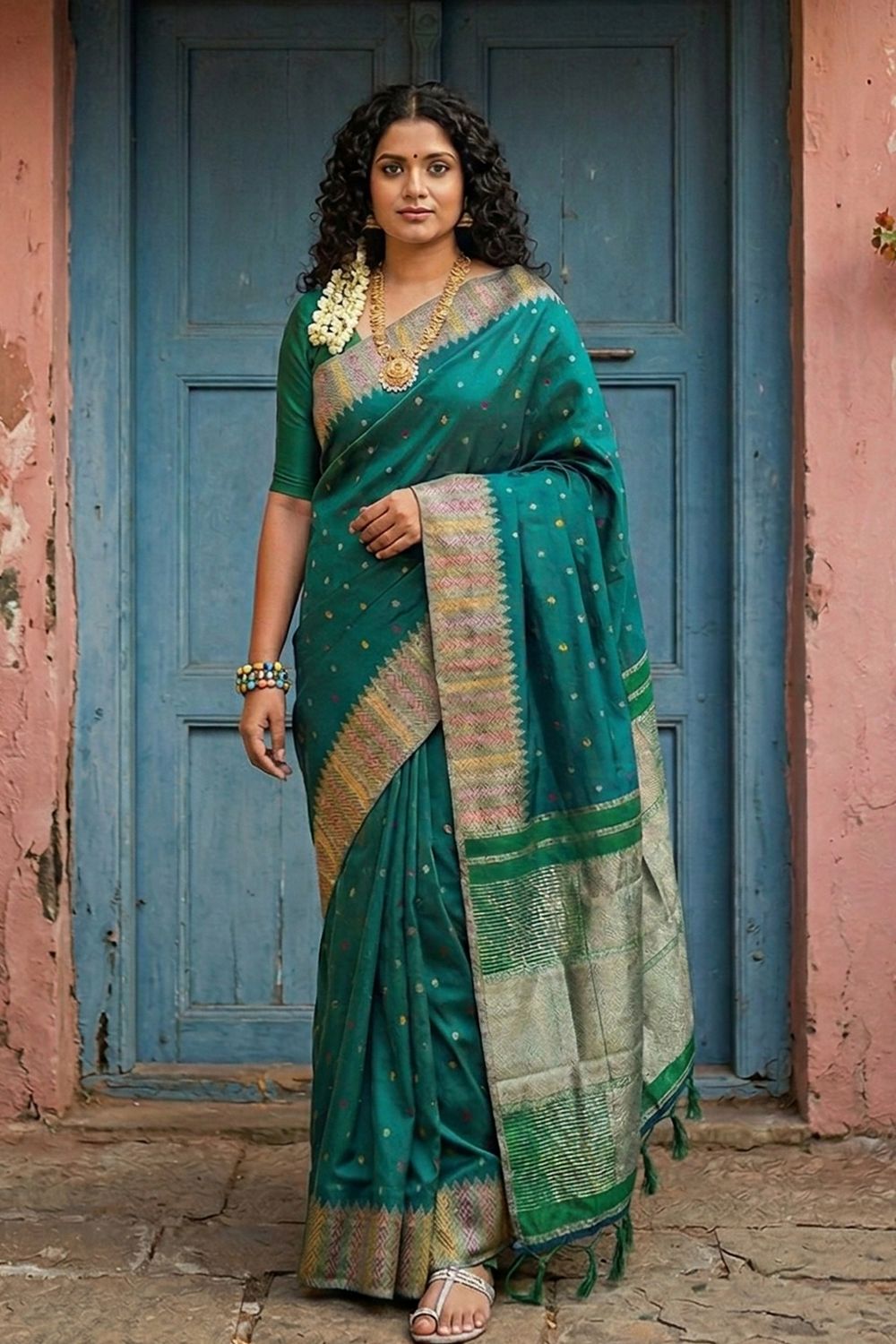 Maya Teal Green Silk Blend Woven Ready to Wear One Minute Saree