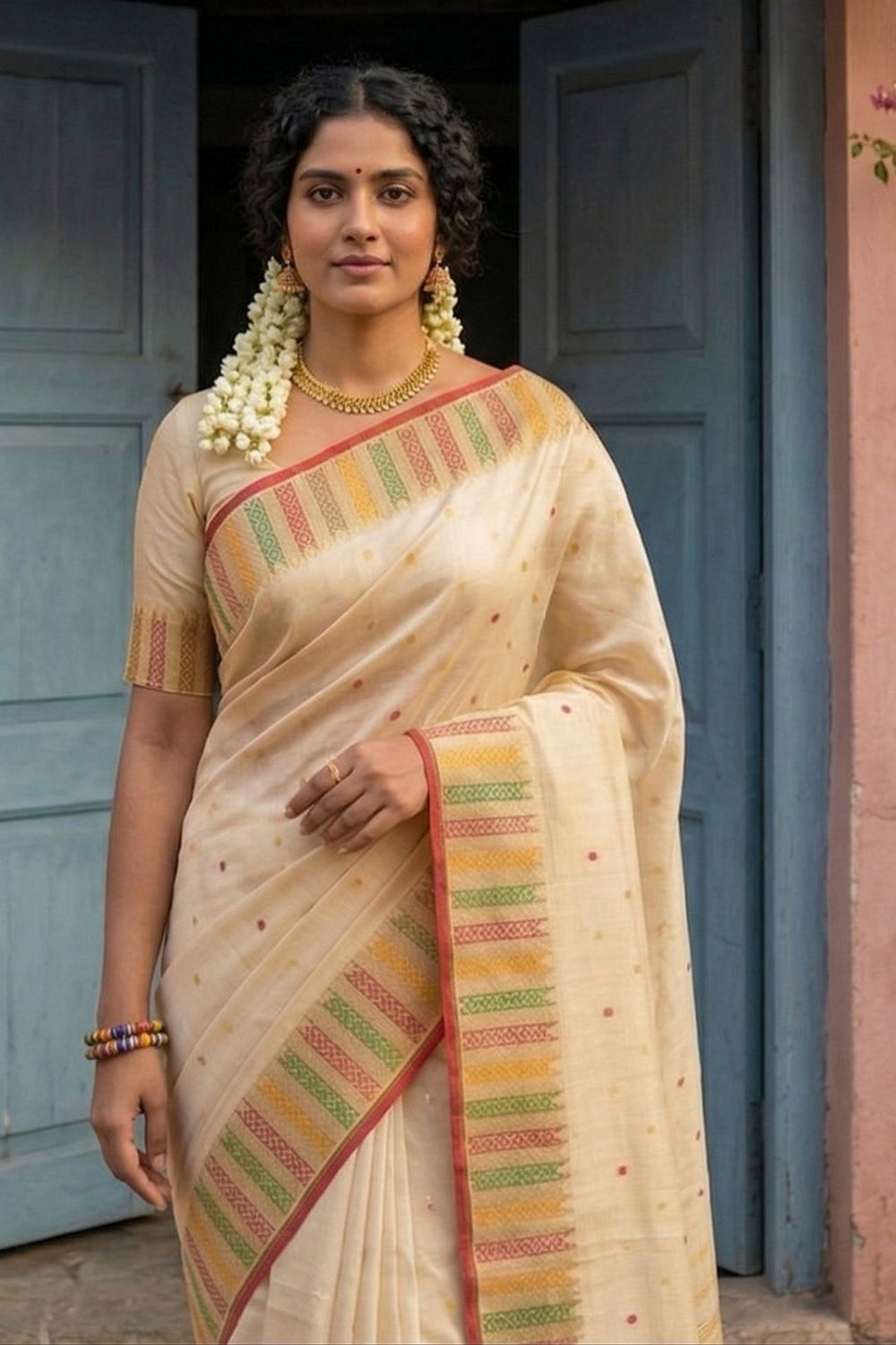 Maya Cream Silk Blend Woven Ready to Wear One Minute Saree