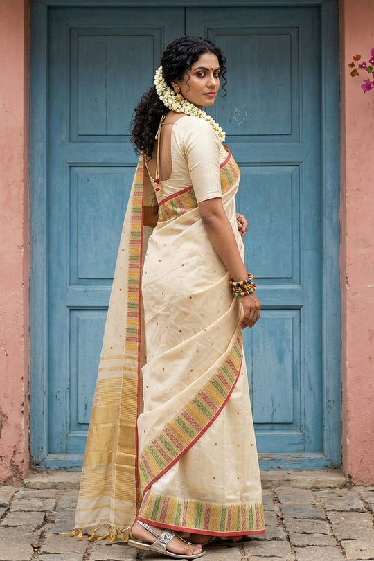 Maya Cream Silk Blend Woven Ready to Wear One Minute Saree