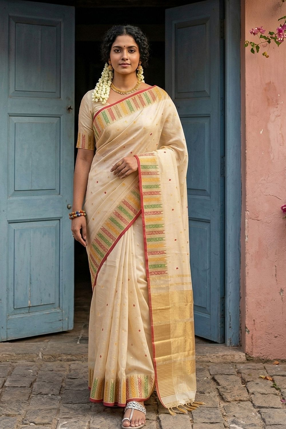 Maya Cream Silk Blend Woven Ready to Wear One Minute Saree