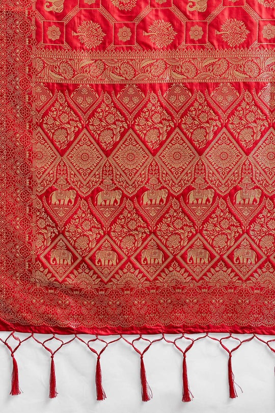 Ruchi Red Silk Blend Woven Designer Ready to Wear Saree