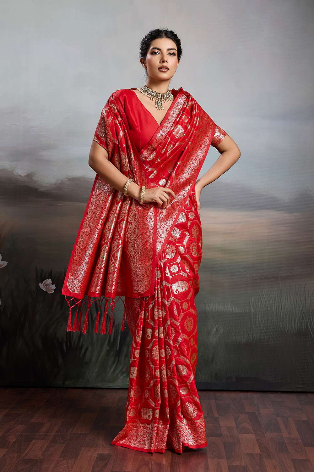 Ruchi Red Silk Blend Woven Designer Ready to Wear Saree