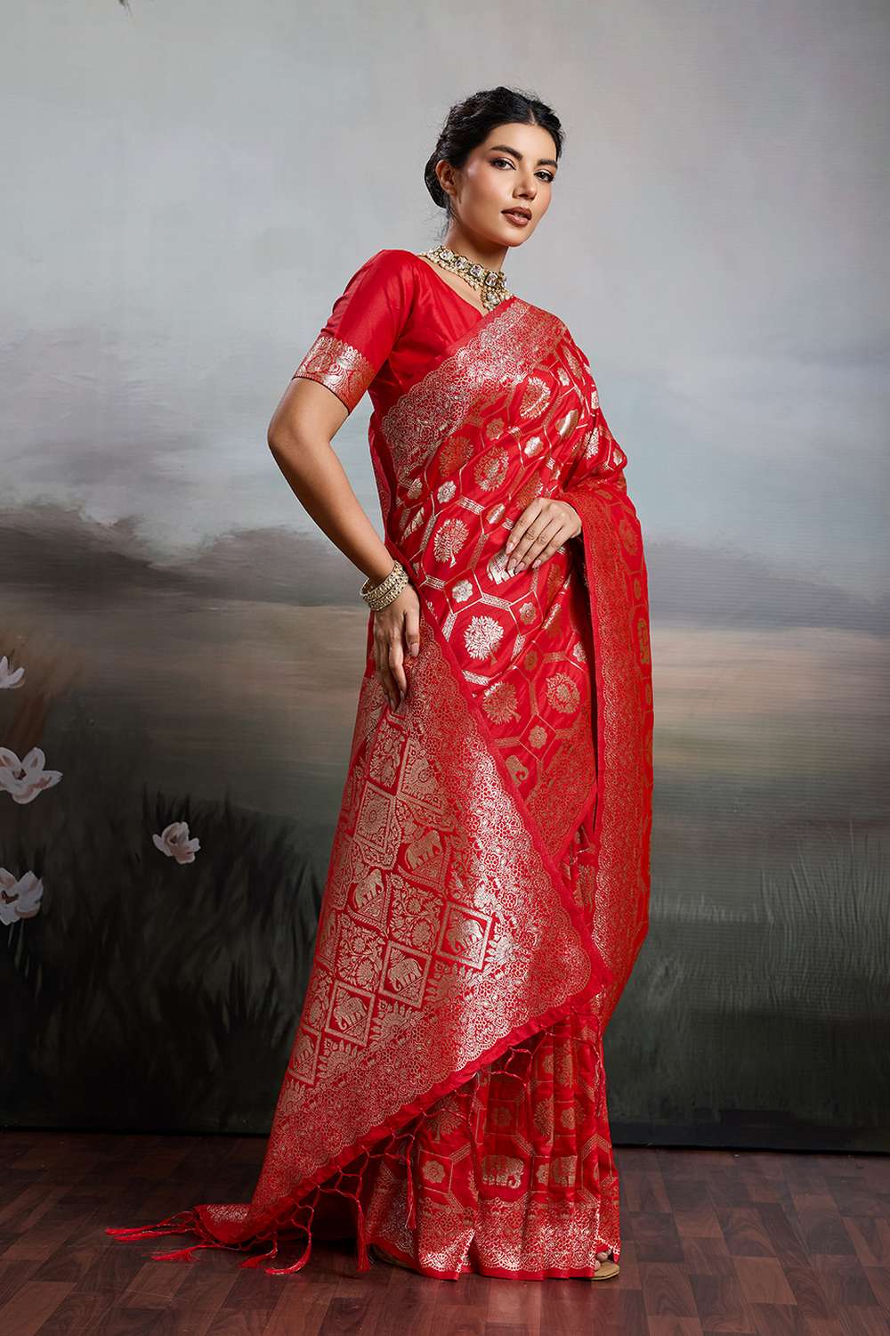 Ruchi Red Silk Blend Woven Designer Ready to Wear Saree