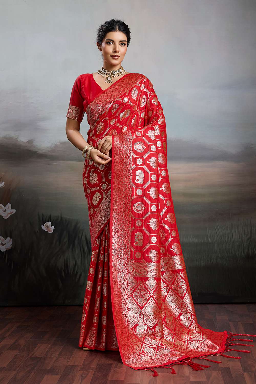 Ruchi Red Silk Blend Woven Designer Ready to Wear Saree