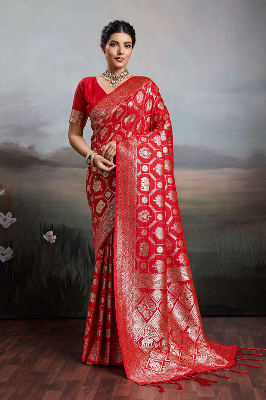 Ruchi Red Silk Blend Woven Designer Ready to Wear Saree