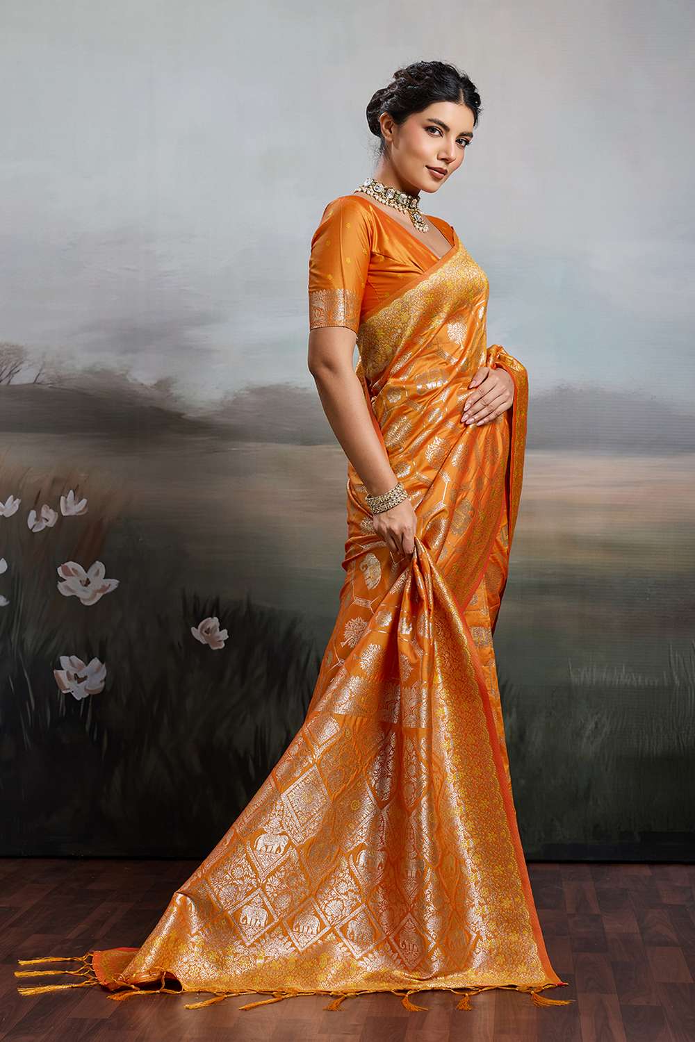 Ruchi Orange Silk Blend Woven Designer Ready to Wear Saree