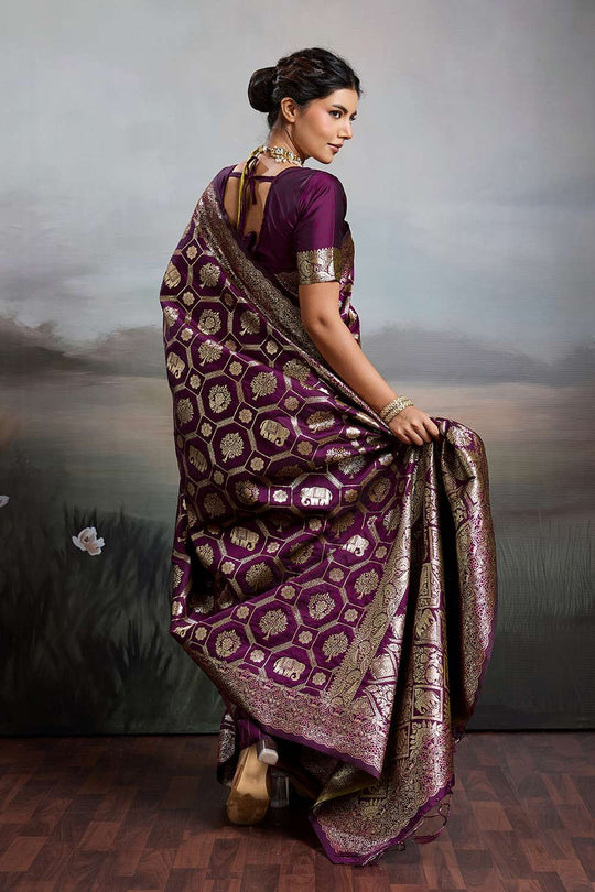 Ruchi Wine Silk Blend Woven Designer Ready to Wear Saree
