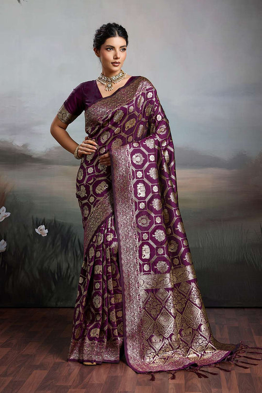 Ruchi Wine Silk Blend Woven Designer Ready to Wear Saree