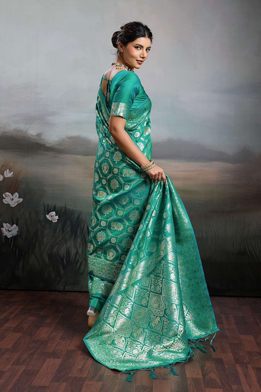 Ruchi Teal Green Silk Blend Woven Designer Ready to Wear Saree
