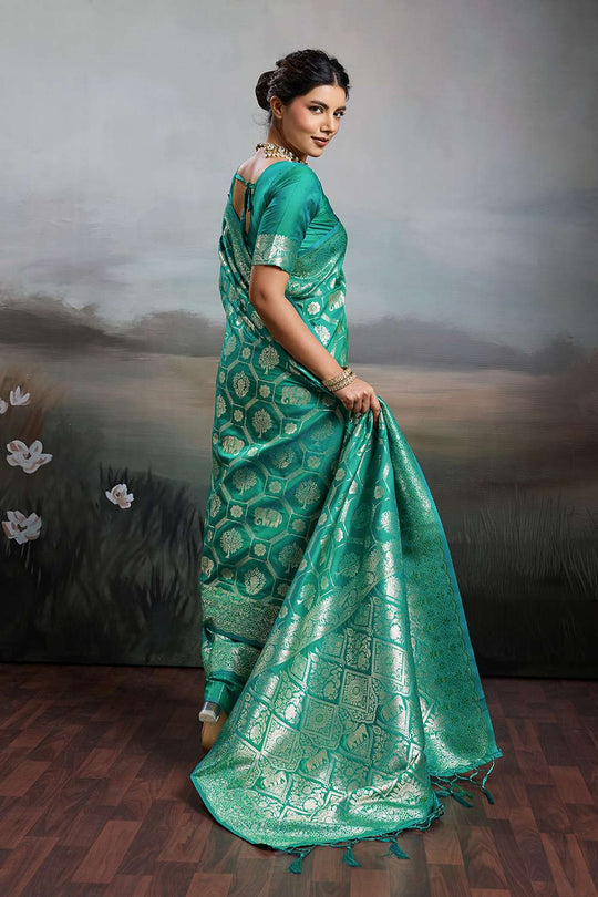 Ruchi Teal Green Silk Blend Woven Designer Ready to Wear Saree
