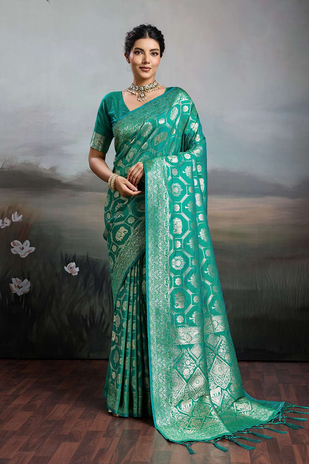 Ruchi Teal Green Silk Blend Woven Designer Ready to Wear Saree