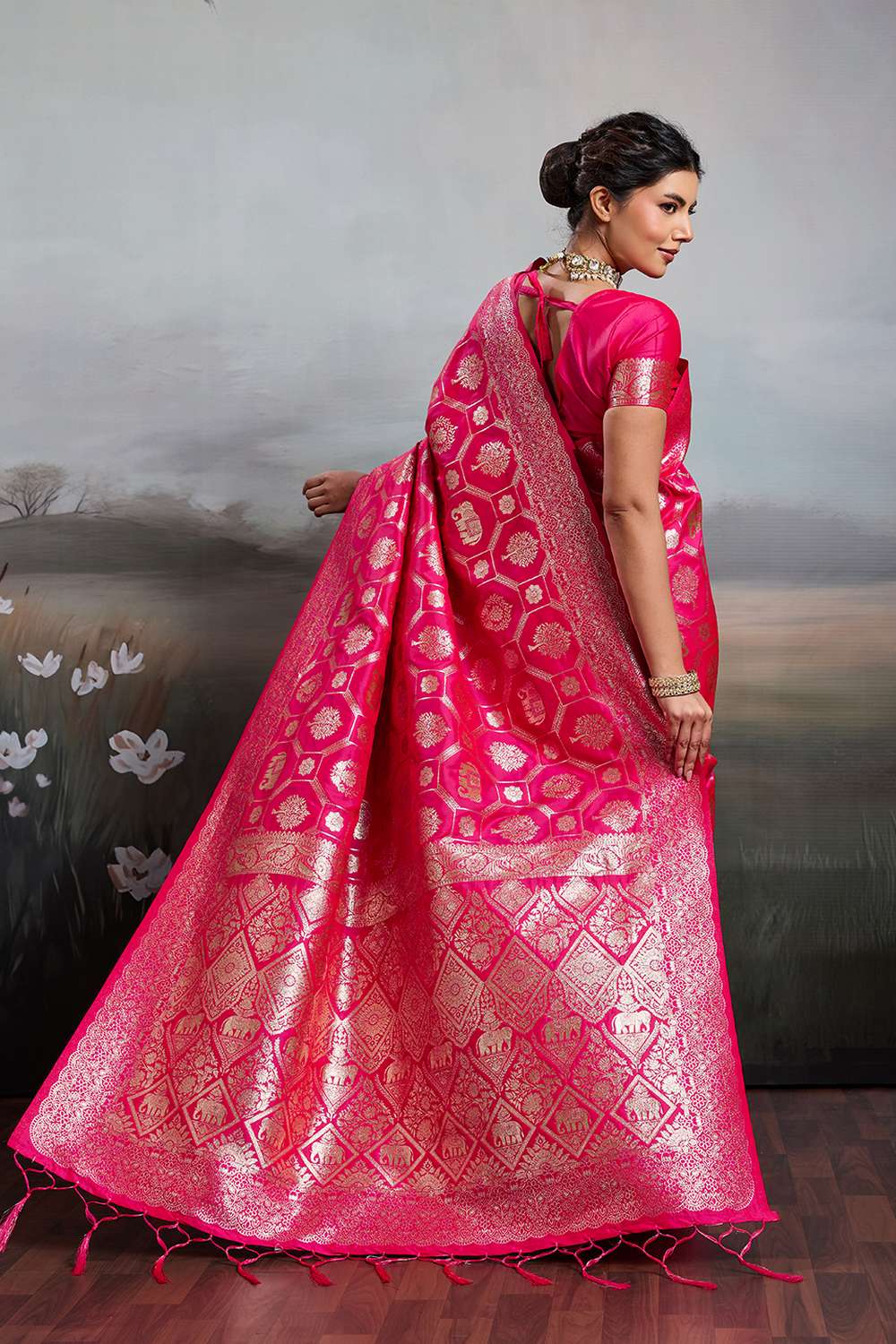 Ruchi Rani Pink Silk Blend Woven Designer Ready to Wear Saree