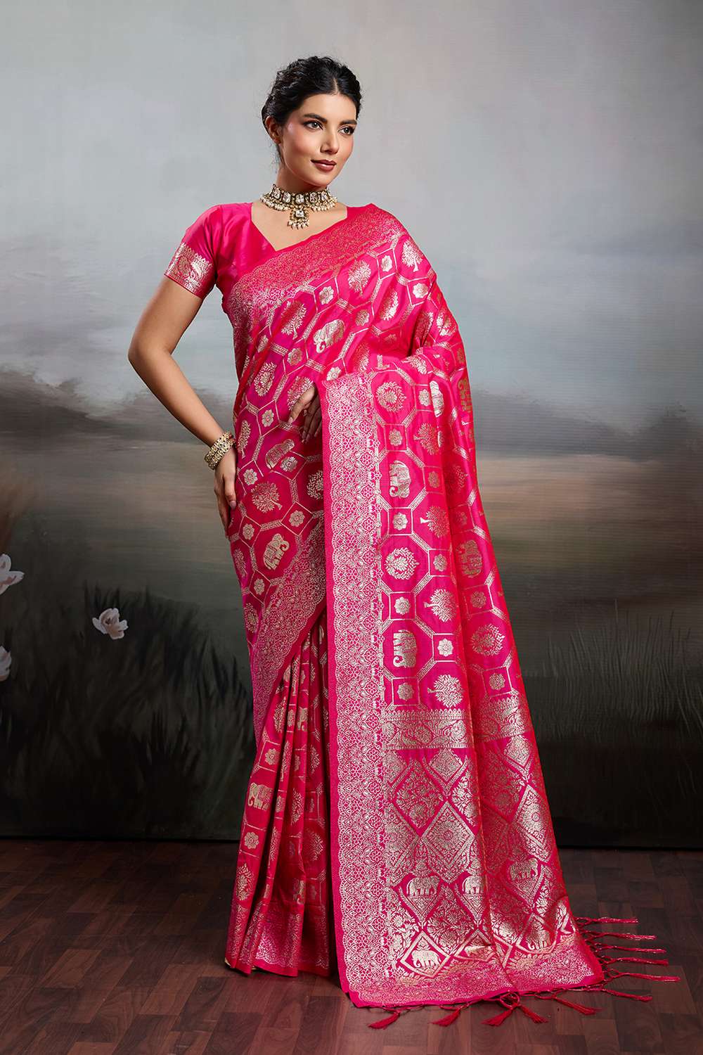 Ruchi Rani Pink Silk Blend Woven Designer Ready to Wear Saree