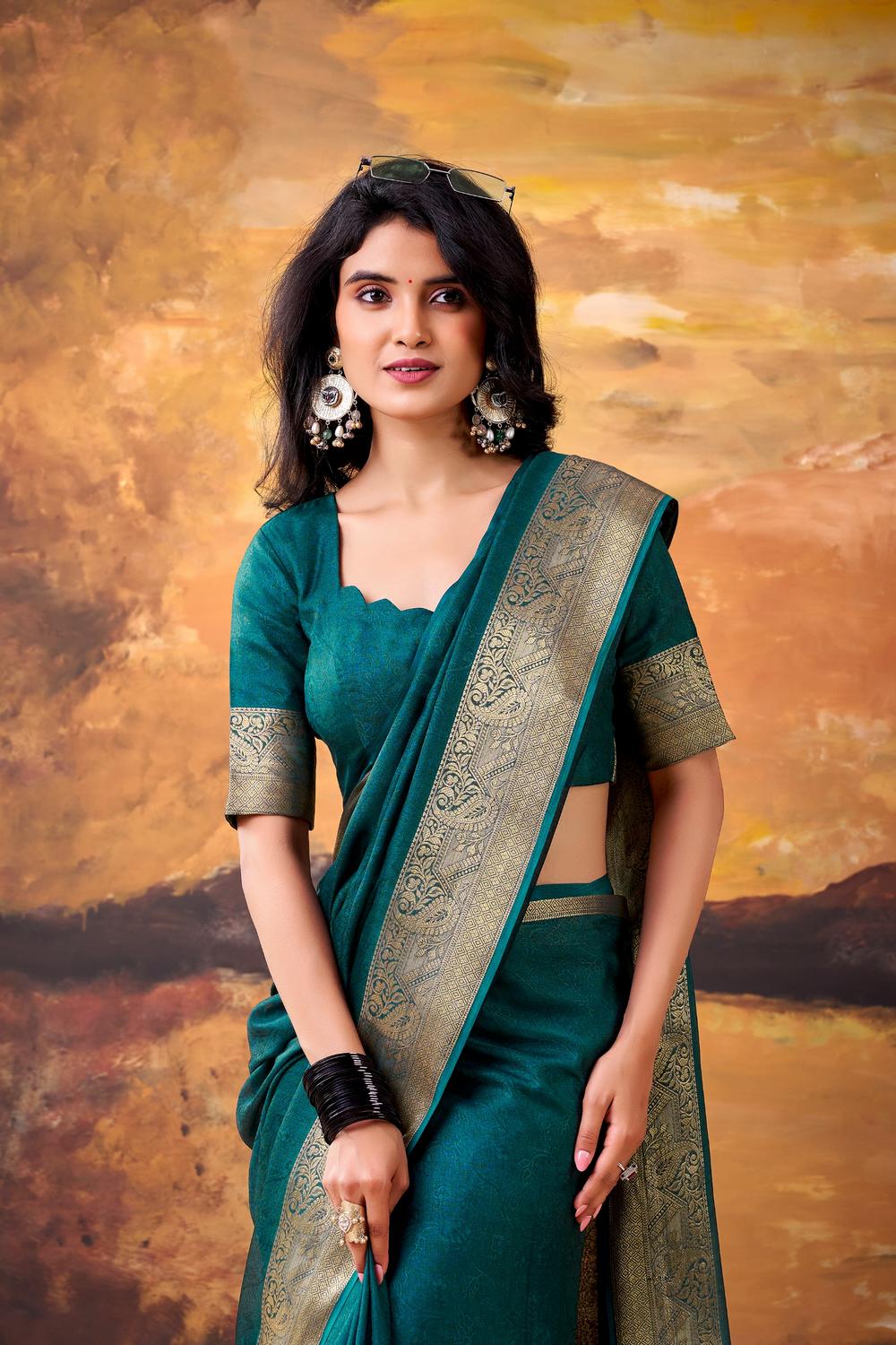 Tasha Teal Green Soft Silk Zari Woven Designer Ready to Wear One Minute Saree