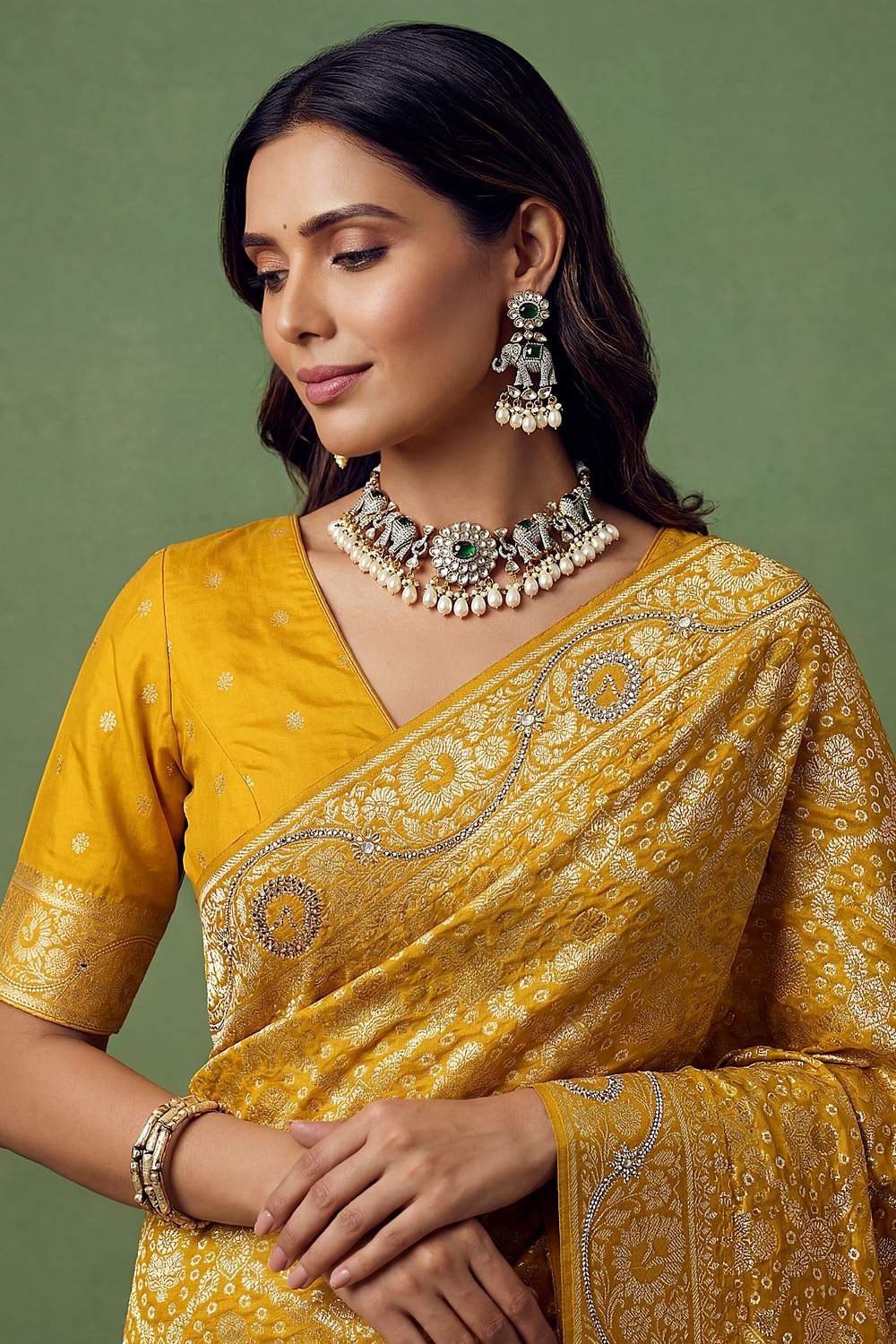 Imane Mustard Yellow Pashmina Silk Zari Woven Designer Ready to Wear One Minute Saree
