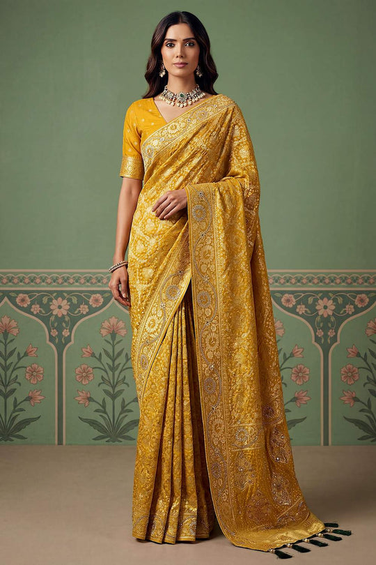 Imane Mustard Yellow Pashmina Silk Zari Woven Designer Ready to Wear One Minute Saree