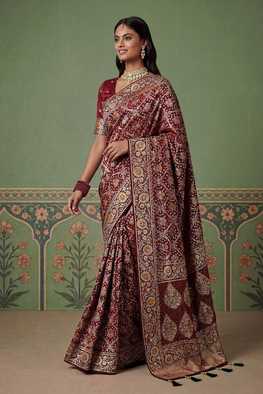 Imane Wine Pashmina Silk Zari Woven Designer Ready to Wear One Minute Saree