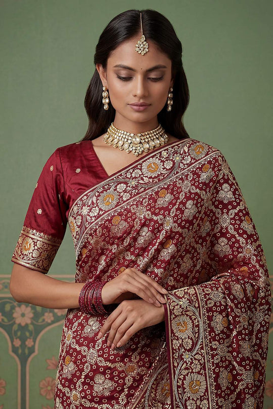 Imane Wine Pashmina Silk Zari Woven Designer Ready to Wear One Minute Saree